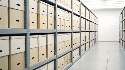 Row of Archival File Boxes and Documents Neatly Arranged in an Organized Storage Room, Representing Efficient Office Management, Data Preservation, and Professional Recordkeeping Practices
