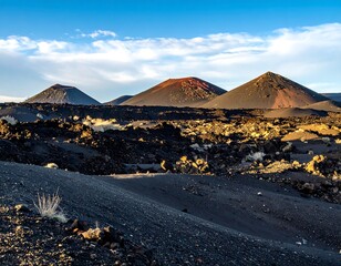 Volcanic cones and hardened lava expanse under a blue sky, conveying a sense of vastness