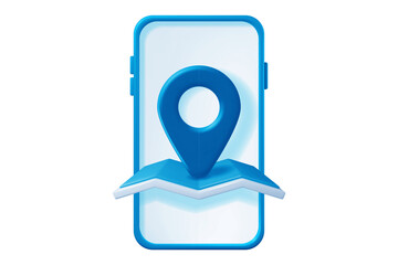 3D Blue Smartphone Map Pin Location Icon for navigation app interface, modern digital illustration, isolated on white background, png.