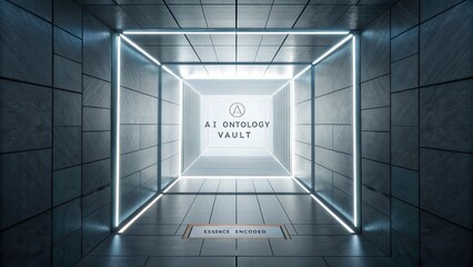 Modern digital hallway with illuminated walls showcasing the AI Ontology Vault logo and futuristic design elements