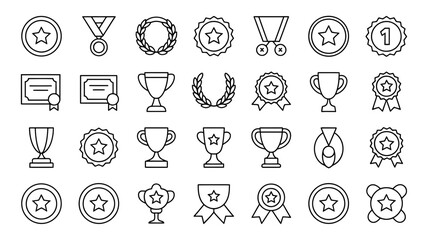 Outline icon set representing success, victory, and achievement through various symbols: trophies, medals, awards, badges and certificates.