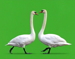 Obraz premium Two white swans on green backdrop, facing each other, walking