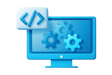 Blue 3D computer monitor with gears and code icon for web development, modern technical illustration, isolated on transparent background, png.