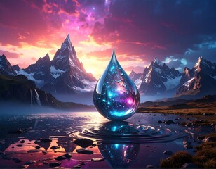 Surreal depiction of a water droplet reflecting a nebula, set against mountain peaks at sunset