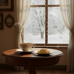 Cozy winter morning with a warm cup of tea and biscuits by the window, watching the snow fall