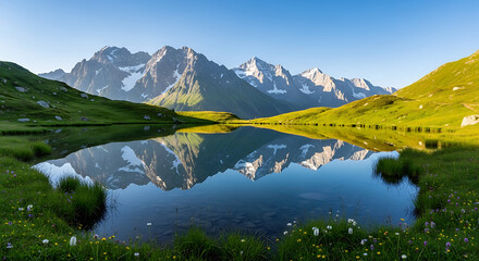 A scenic view of a mountain range reflecting in a calm lake surrounded by green grass fields ai generated