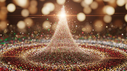 Sparkling christmas tree rendered with glittering particles, emitting bright light amidst a vibrant festive bokeh background, conveying holiday magic.