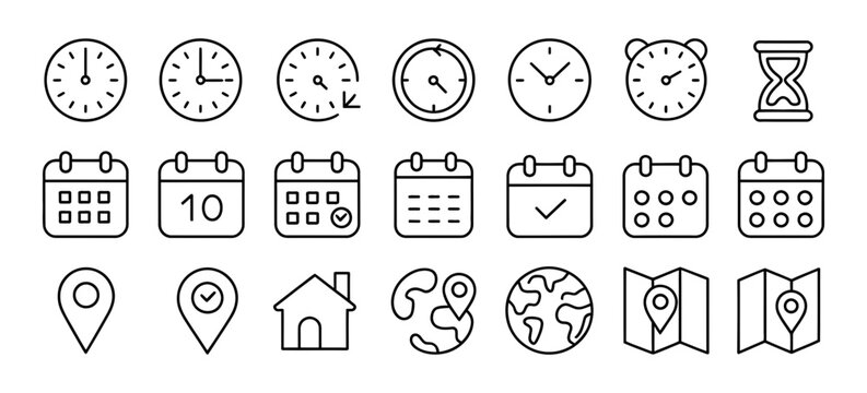 Time and location management concept, featuring minimalist line art icons for clocks, calendars, and navigation pins, ideal for web design.