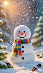 Cute snowman with a colorful scarf and carrot nose in a festive winter sceane. 