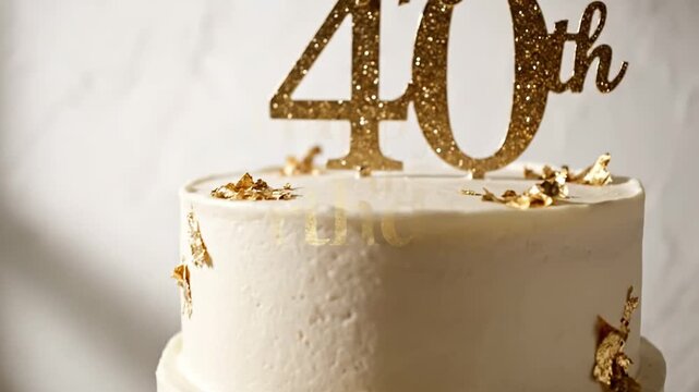 Elegant Two-Tiered White Birthday Cake with Golden Happy 40th Birthday Text and Gold Leaf