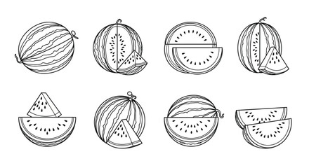 Hand drawn sketch of whole and sliced watermelons in a set
