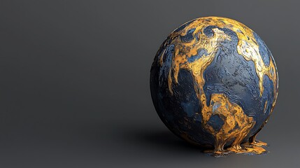 Abstract globe with melting gold and dark liquid, symbolizing global crisis, environmental pollution, or wealth on a dark background.