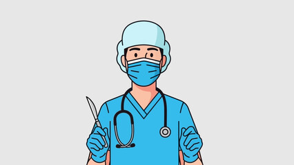 Vector illustration of a male surgeon in scrubs, cap, and mask holding a scalpel, prepared for a medical operation in a hospital