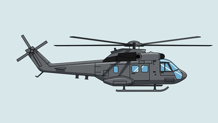 A detailed illustration of a military helicopter with its rotor blades outstretched, ready for action