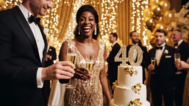 Champagne Pouring into Flute at Luxurious Gold-Themed Celebration with Cake and Gifts