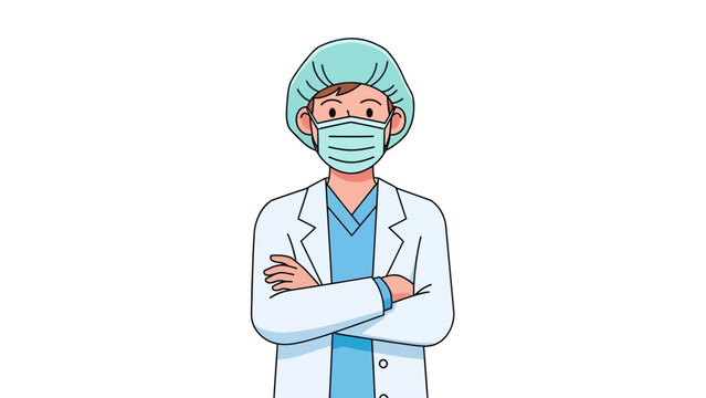Dedicated healthcare professional in a face mask and surgical cap, wearing a lab coat and standing with arms crossed, representing medical expertise and patient care illustration