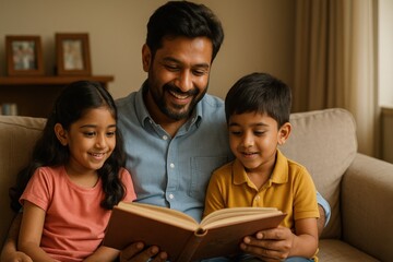 Father reading book to his children, sitting on the sofa with smile on faces.
