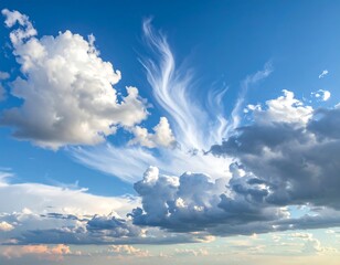 Vast blue sky filled with fluffy white clouds, ethereal and dynamic