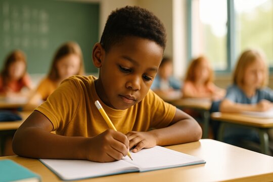 Focused young student diligently works on writing in class, concentrating intently. - Powered by Adobe