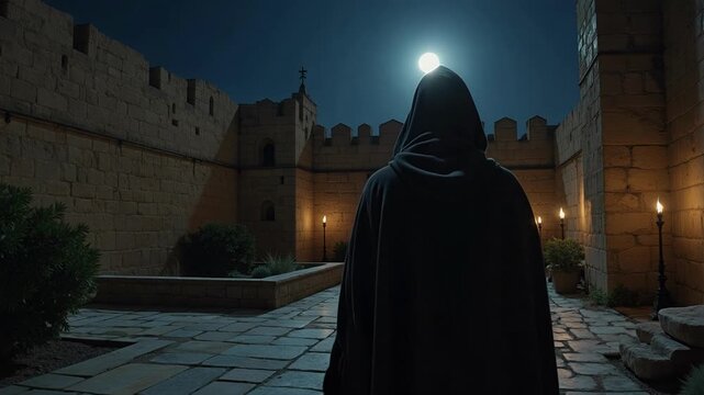Mysterious hooded figure stands watch in ancient Herodian palace courtyard under the night sky, a religious drama unfolds in cinematic 4K detail