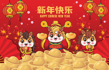 Vintage Chinese new year poster design with horse character. Chinese wording means Happy New Year, Prosperity.