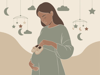 serene pregnant woman gently holds baby shoes evoking a feeling of anticipation and tenderness Soft colors and a mobile create a calming hopeful atmosphere