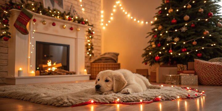 Golden Retriever Puppy by Christmas Fireplace with Tree Lights and Wrapped Gifts. - Powered by Adobe
