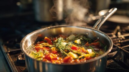 Delicious Vegetable Stew Simmering in a Stainless Steel Pot on a Gas Stove with Steam Rising - Powered by Adobe