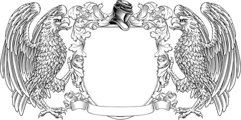 Eagles coat of arms or crest family heraldry medieval heraldic knight shield with helmet and acanthus filigree scroll ornament in a vintage woodcut style.
