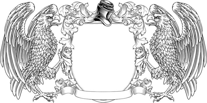 Eagles coat of arms or crest family heraldry medieval heraldic knight shield with helmet and acanthus filigree scroll ornament in a vintage woodcut style.
