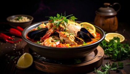Vibrant seafood stew in a rustic bowl, garnished with herbs and lemons