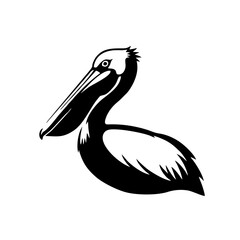 Side Profile Pelican Silhouette Logo, Large Beak, Clean Negative Space