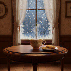 Cozy Winter Morning Scene Steaming Cup of Tea and Biscuits by the Window