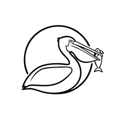 Pelican Silhouette Inside a Circle Logo, Simple Black Outline