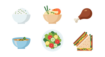 Colorful flat icons of diverse dishes including pasta, salad, and sandwich