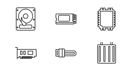 Minimalist line art icons of computer components for tech projects