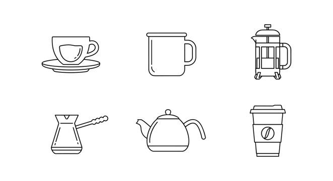 Minimalist coffee and tea equipment line art set