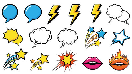 Dynamic comic book elements for visual storytelling like speech bubbles, lightning bolts, stars, and lips expressing emotions for a variety of creative projects
