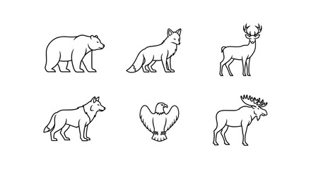 Fototapeta premium Wildlife collection: minimalist animal line art featuring bear, fox, deer, and more