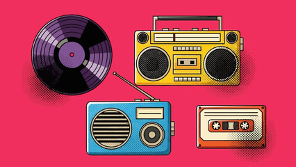 Groovy retro music vibe with vinyl record, boombox, cassette tape and transistor radio, perfect for 80s and 90s themed designs, parties and events