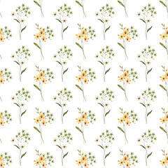 Seamless pattern, floral background with watercolor yellow flowers, bouquets. Repeat fabric wallpaper print texture. Perfectly for backdrop, wrapped paper.