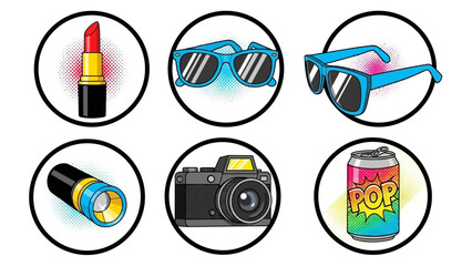 Vibrant summer icons featuring sunglasses, lipstick, camera, and soda in a pop art style, perfect for a trendy lifestyle or travel blog with a retro vibe
