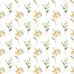 Seamless pattern, floral background with watercolor yellow flowers, bouquets. Repeat fabric wallpaper print texture. Perfectly for backdrop, wrapped paper.