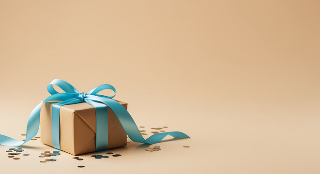Brown gift box with blue ribbon and confetti present 3