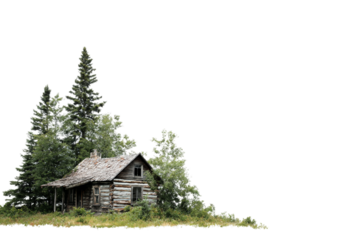 Small cabin in woods isolated on transparent background