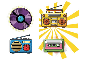 Retro vibes with a record, cassette, and boombox for that nostalgic, vintage feel perfect for music lovers and old school enthusiasts, originally a vector graphic