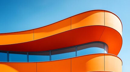 Bright orange flowing facade of a contemporary building with reflective blue windows and a clear blue sky