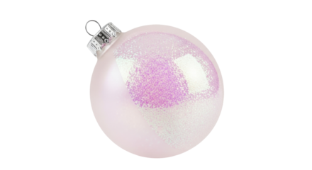 Isolated pink Christmas ornament decoration with glitter. Holiday sphere, shiny glass bauble
