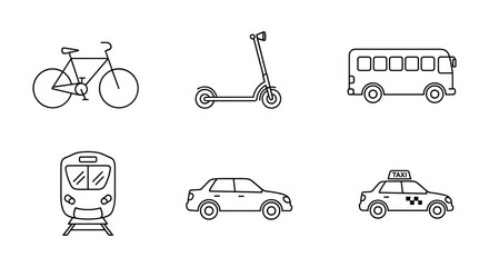Minimalist linear icons of urban transportation: bicycle, scooter, bus, train, car, taxi