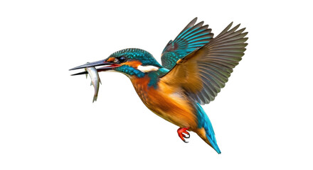 Isolated common kingfisher bird catching fish in flight during hunt, beautiful colors